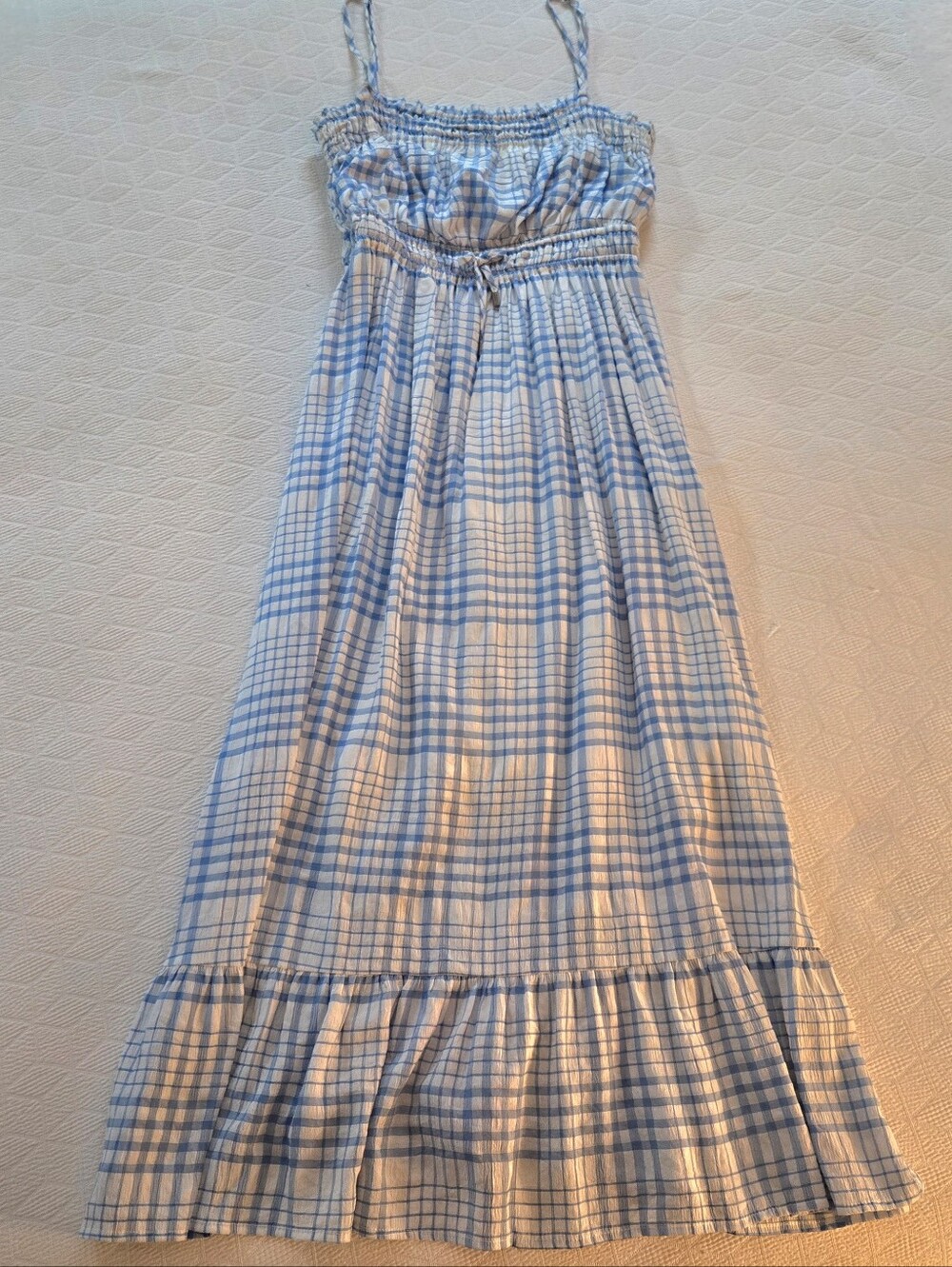 MINKPINK Blue and White Plaid Smocked Sundress Medium